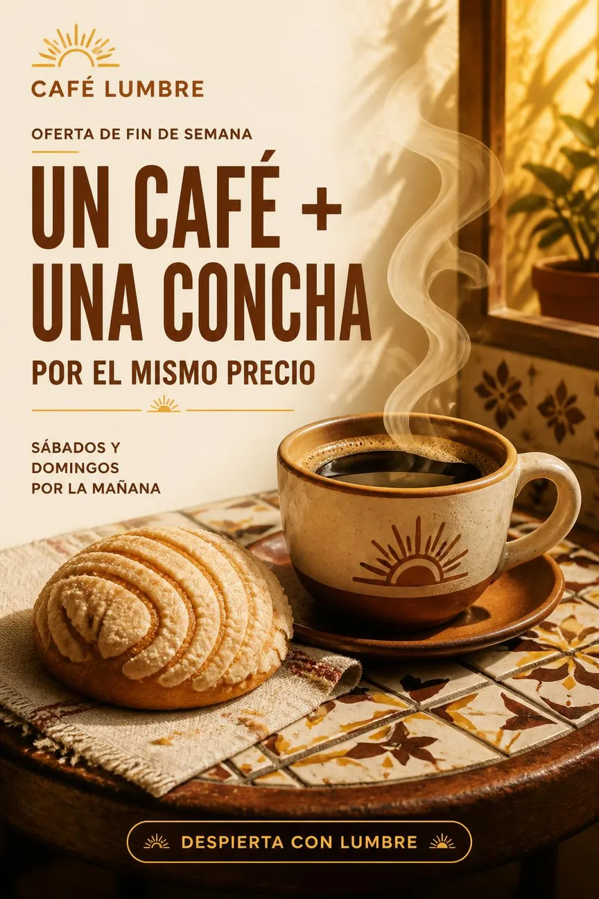 Café Lumbre: Weekend offer: a coffee and a concha for one price, Saturday and Sunday mornings.