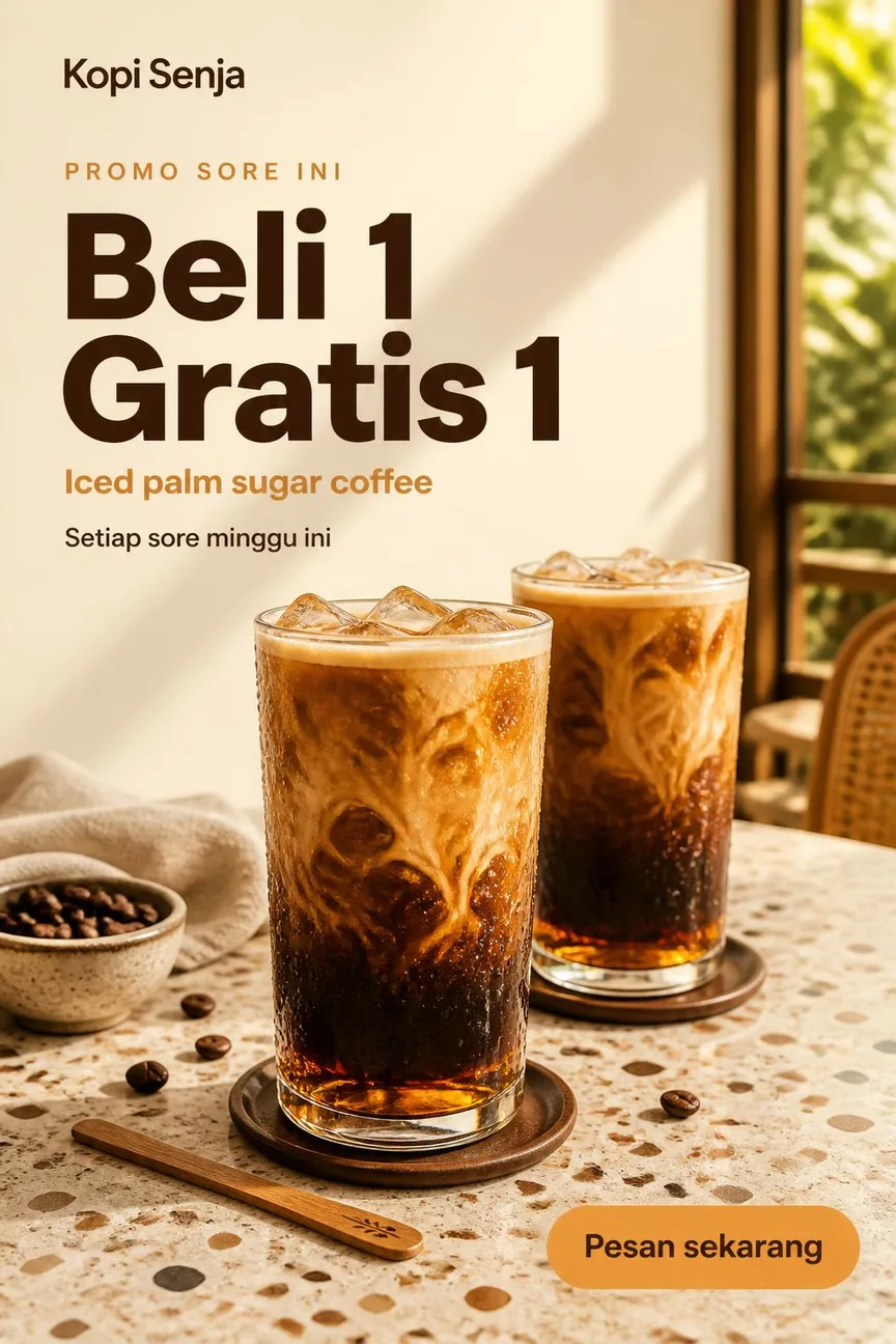 Kopi Senja: Buy-one-get-one iced palm sugar coffee every afternoon this week.