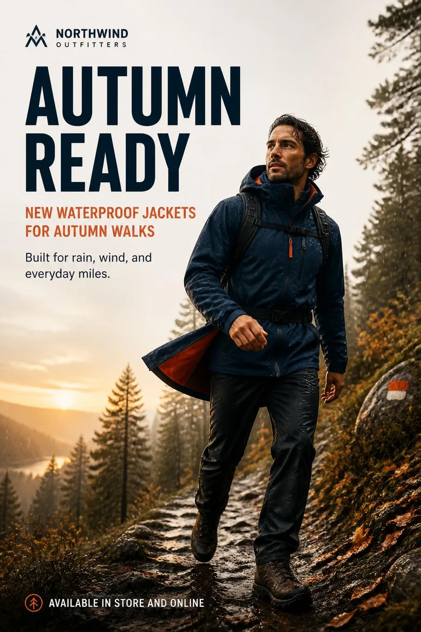 Northwind Outfitters: New waterproof jackets for autumn walks, in store and online.
